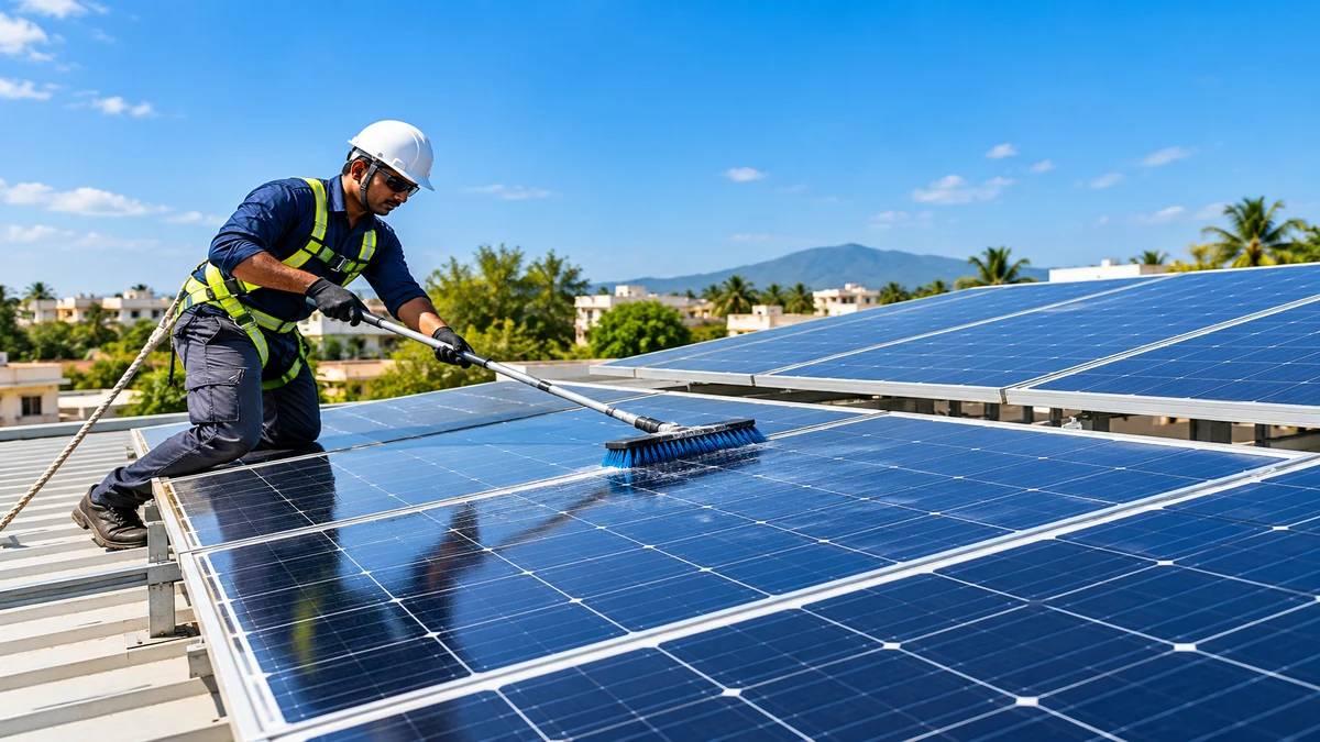 Technician cleaning and maintaining a rooftop solar array